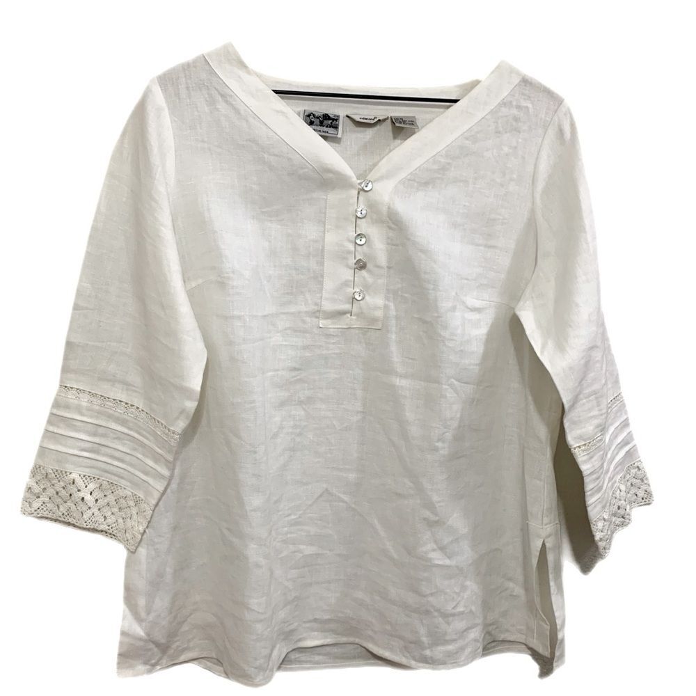 EDWARD 100% Irish Linen Top Blouse Crochet  3/4 Sleeves V-Neck White M.